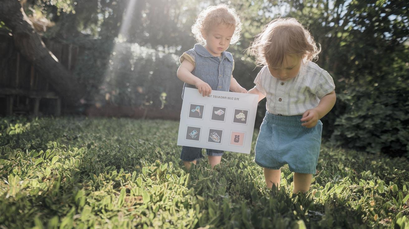 Three age groups of kids working on garden scavenger hunts with picture cards, rhyme cards, and riddle cards