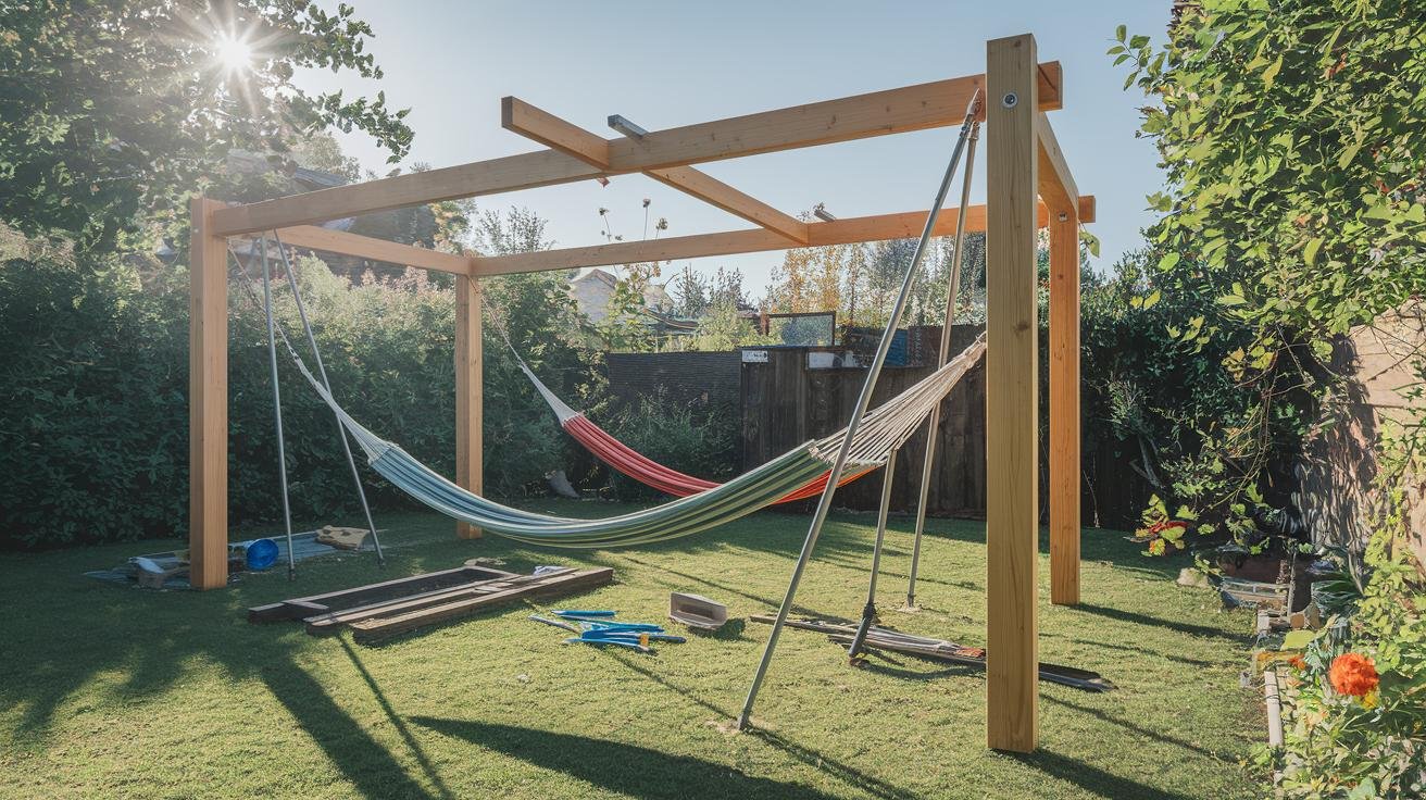 Two wood support posts set in concrete footings 12 feet apart with a hammock hung between them in a backyard