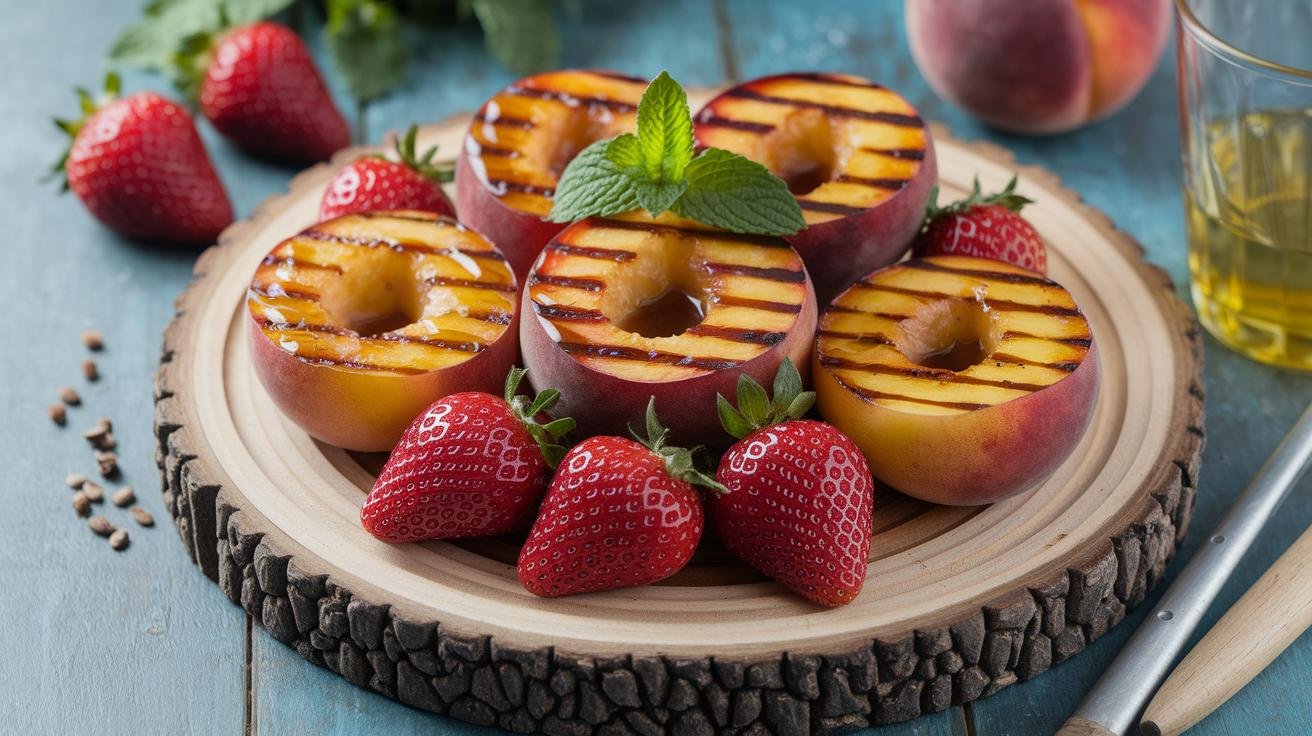 Grilled fruit desserts plated with honey drizzle, balsamic reduction, vanilla ice cream, and fresh mint garnish