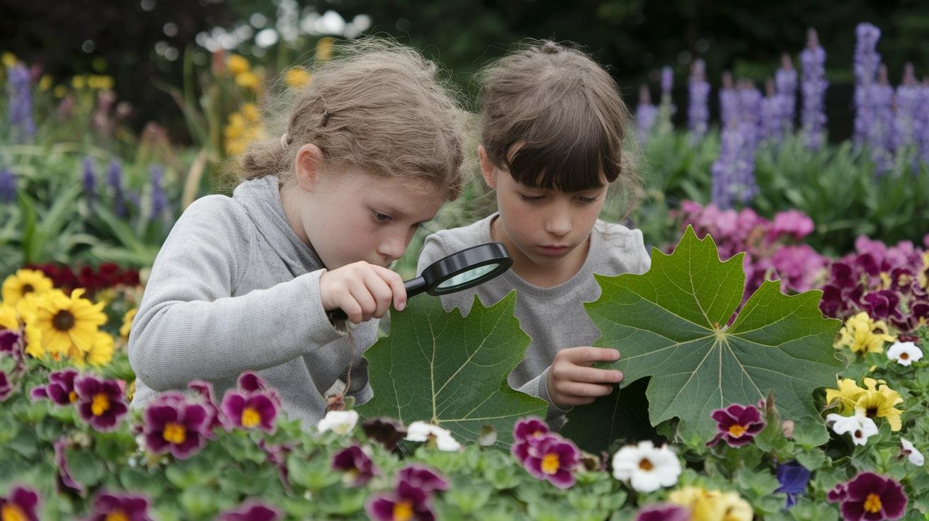 Kids' garden scavenger hunt checklist with photos of items to find including a feather, smooth pebble, and ladybug