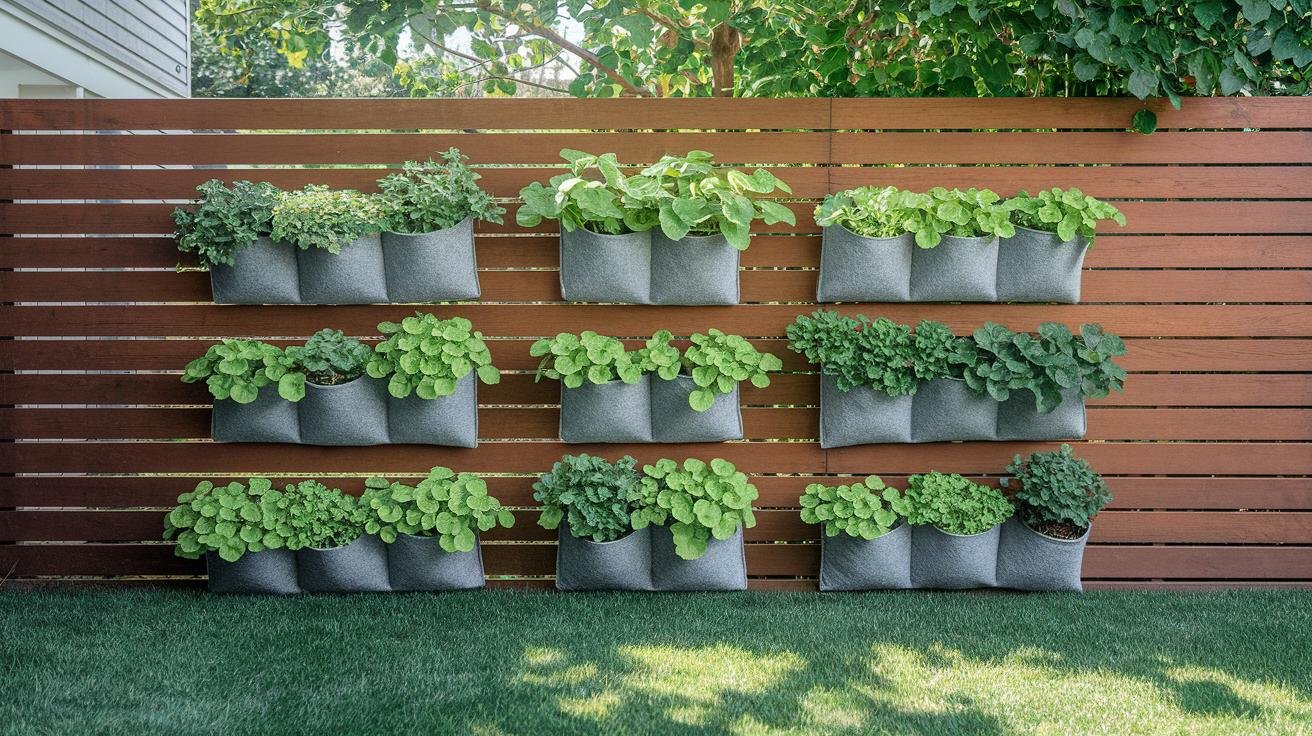 Wall-mounted shade vertical garden with felt pocket planters holding ferns and pothos in a shaded outdoor corner