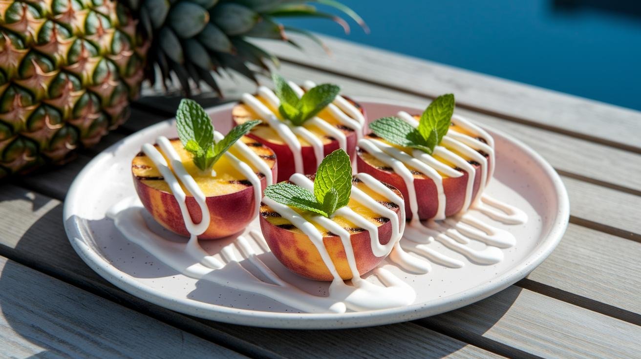 Grilled fruit dessert with coconut cream drizzle, almond crumble, and date paste topping for dairy-free and paleo diets