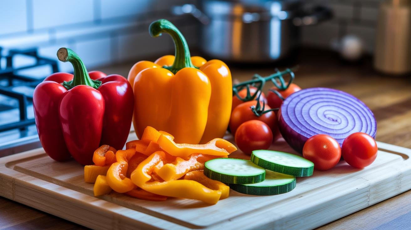 Cut vegetables ready for skewering with bell peppers, zucchini, tomatoes, red onion, and portobello mushrooms