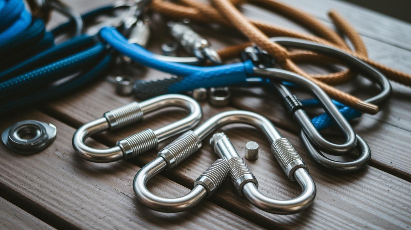 Stainless steel eye bolt, polyester strap, locking carabiner, and turnbuckle hardware for hanging a backyard hammock