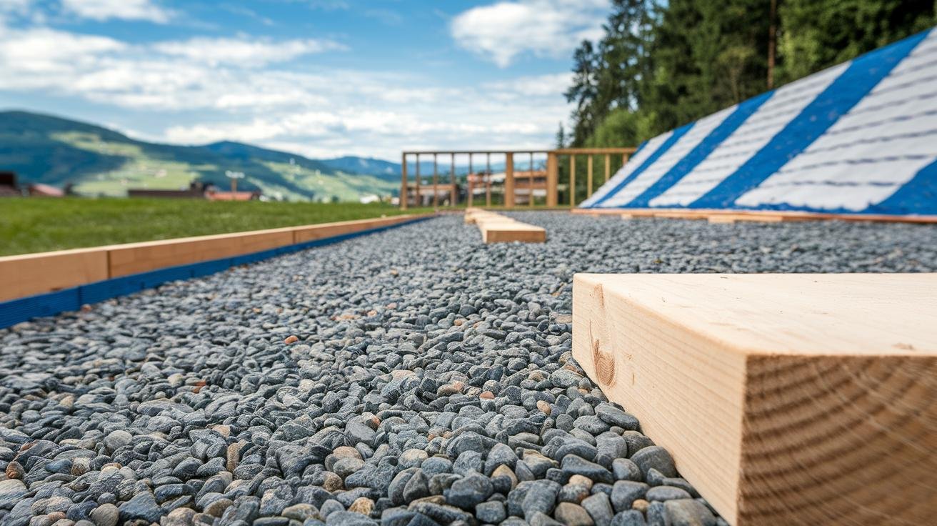 Hammock stand with wood shim blocks under feet, sitting on a leveled gravel pad over a sloped backyard area