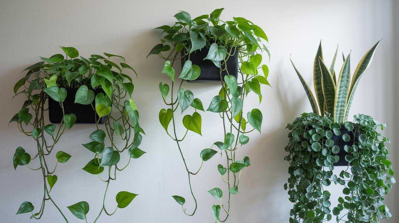 Vertical wall planter showing Boston fern, English ivy, and golden pothos growing in shaded outdoor conditions