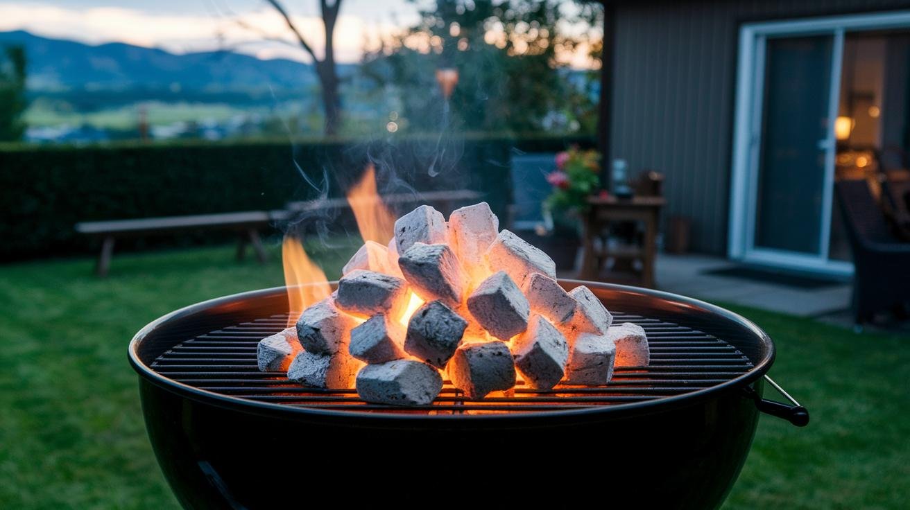 Charcoal chimney starter with glowing coals being poured into a grill for medium-high heat zone setup