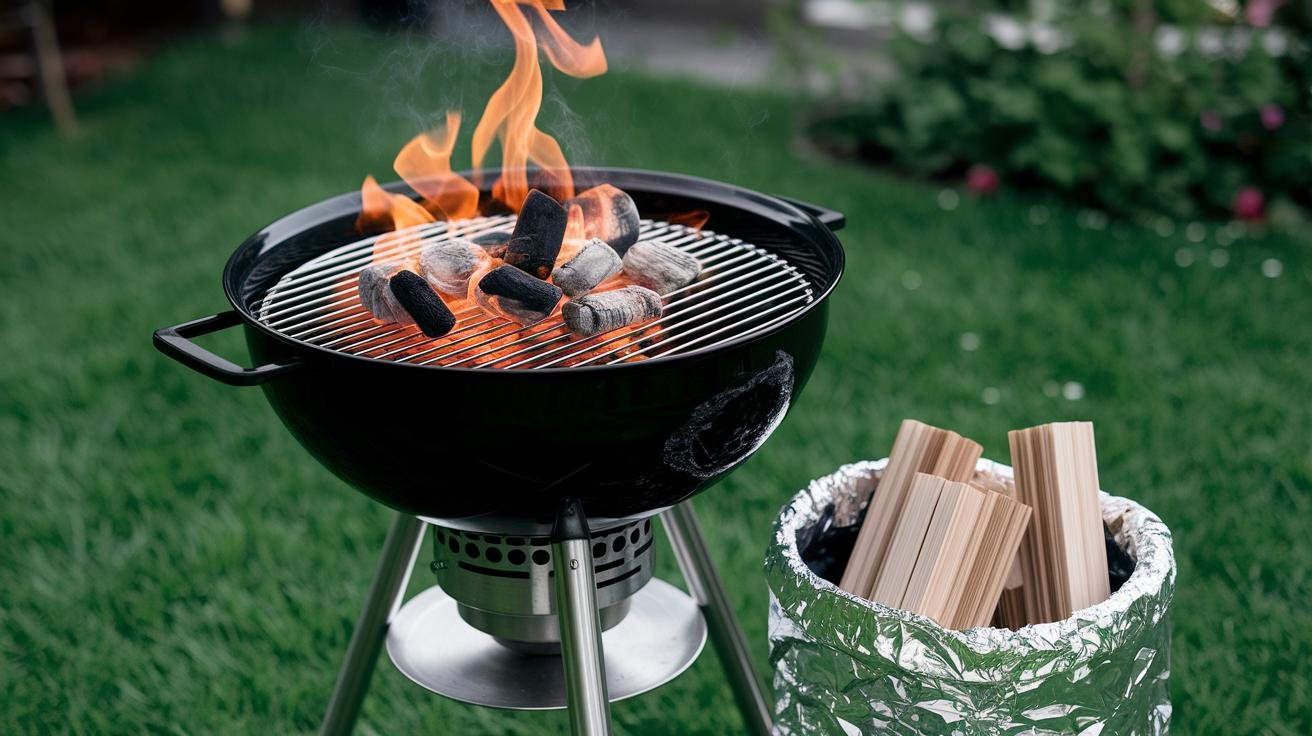 Charcoal grill with coals piled on one side for two-zone heat setup, ready for grilling fruit desserts