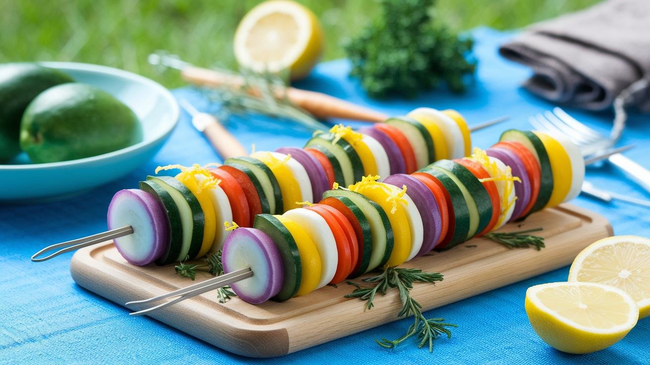 Charcoal-grilled vegetable skewers served on a platter with herbs and lemon wedges alongside dipping sauces