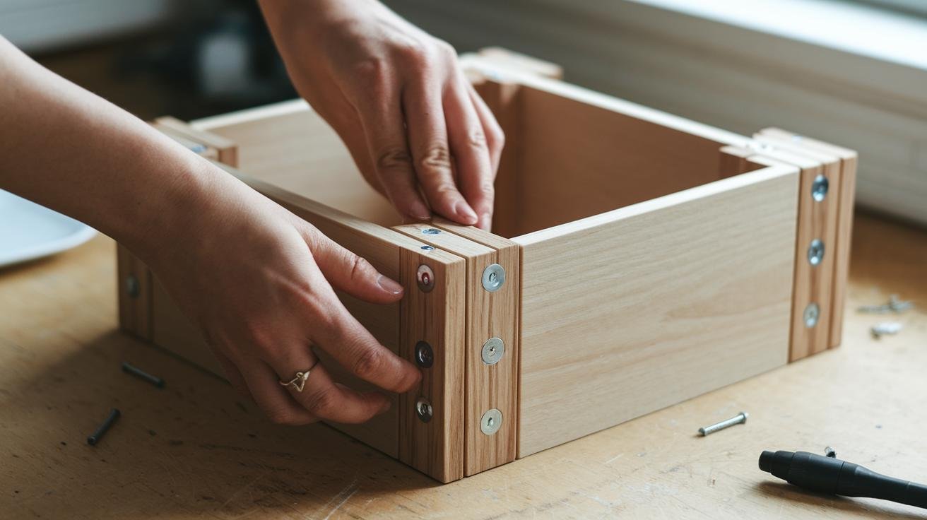 Person assembling a DIY vertical garden panel with corner brackets, exterior screws, and a level on a workbench