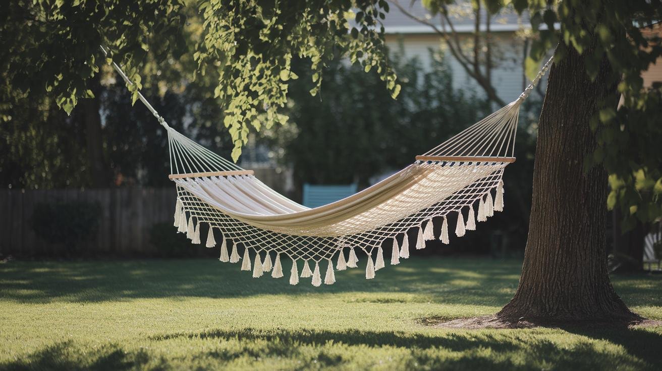 Cotton hammock hanging on a clothesline in dappled shade with a breezy lawn behind it, fully air-drying after cleaning