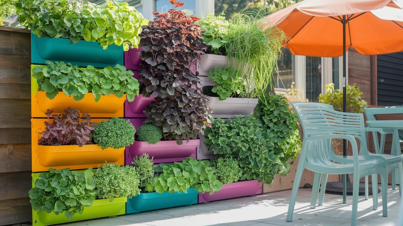 Vertical garden panels customized with painted frames, attached trellis, and seasonal plant pods