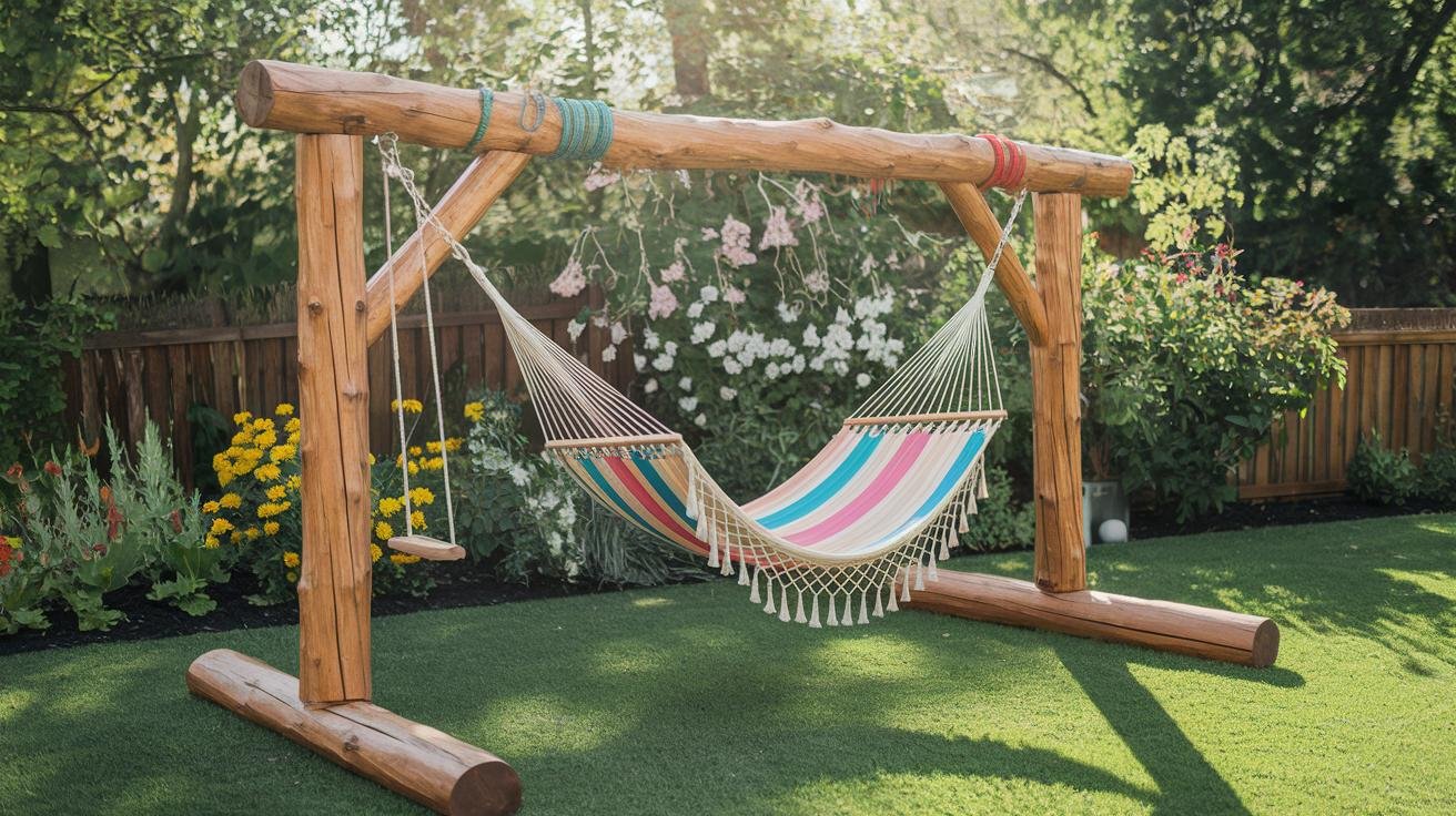 Several customized hammock stands showing fold-flat hinges, painted finishes, and an attached bench seat