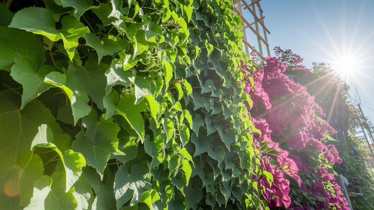 Vertical garden climbing vines with sun exposure labels showing full-sun, part-shade, and shade-tolerant options
