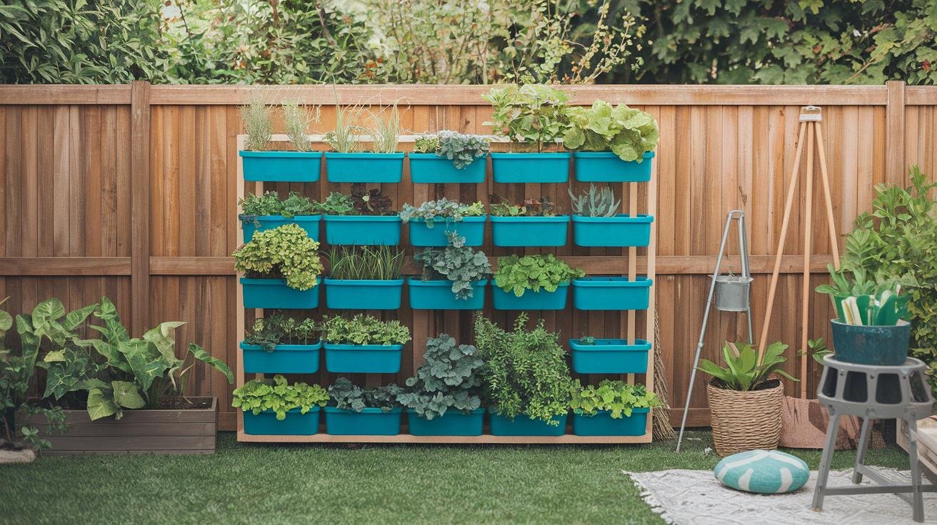 Cedar boards, fabric grow bags, screws, L-brackets, and a drill laid out for building a DIY vertical garden panel