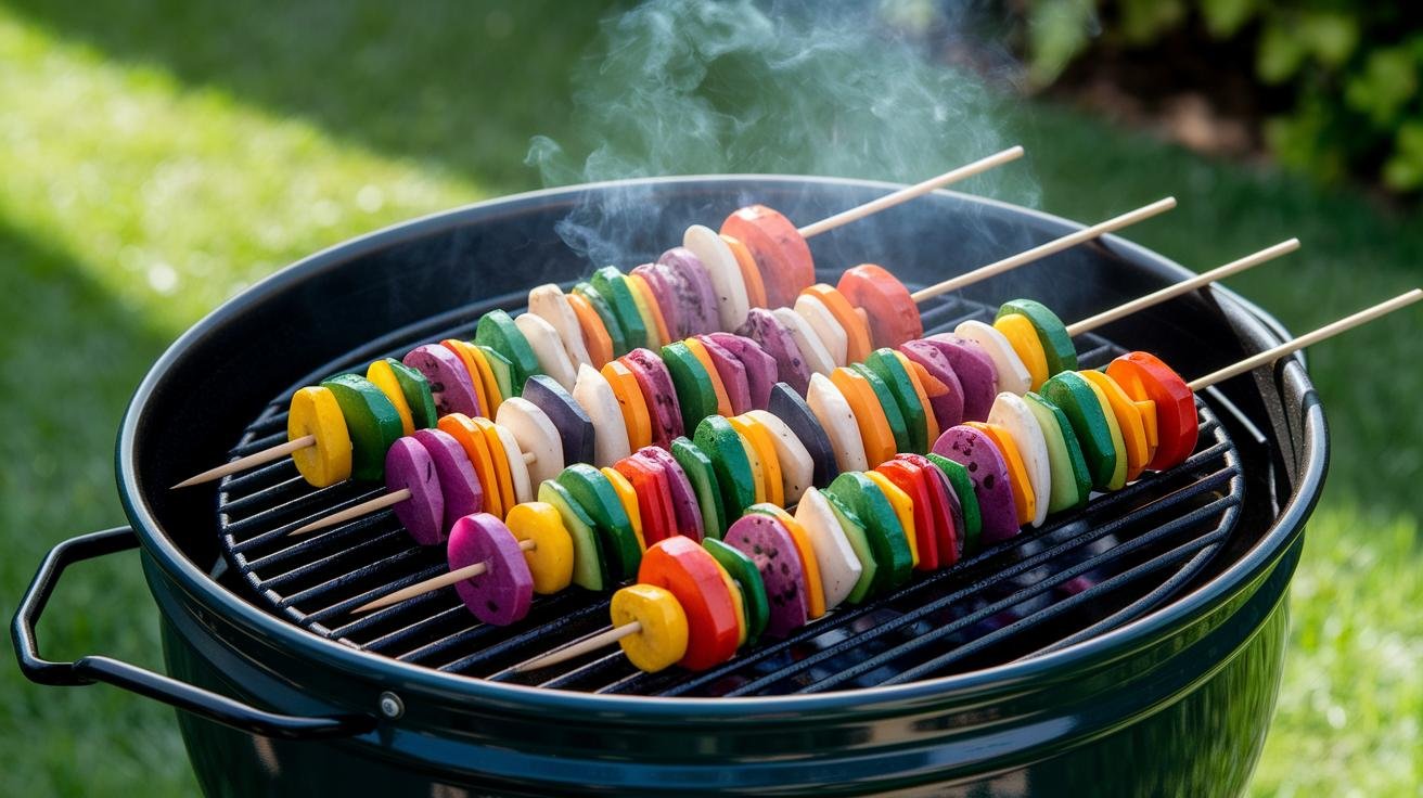 Four bowls of marinade variations on a wooden cutting board next to chopped vegetables