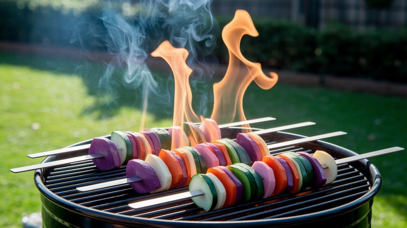 Marinated vegetable skewers caramelizing on a hot grill grate