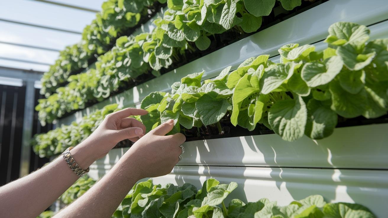 Person pruning leaves on a vertical garden panel and inspecting drip irrigation emitters for clogs
