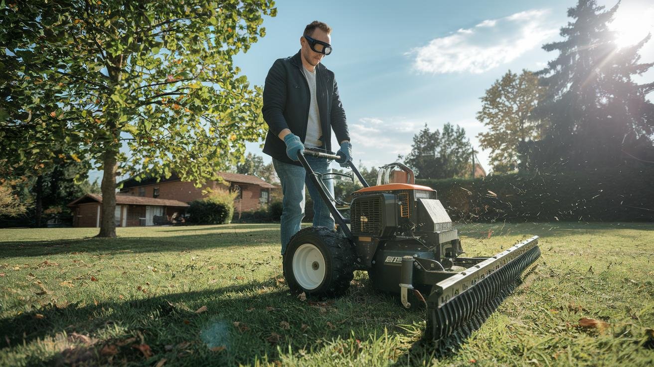Power dethatcher being used on a backyard lawn in early spring