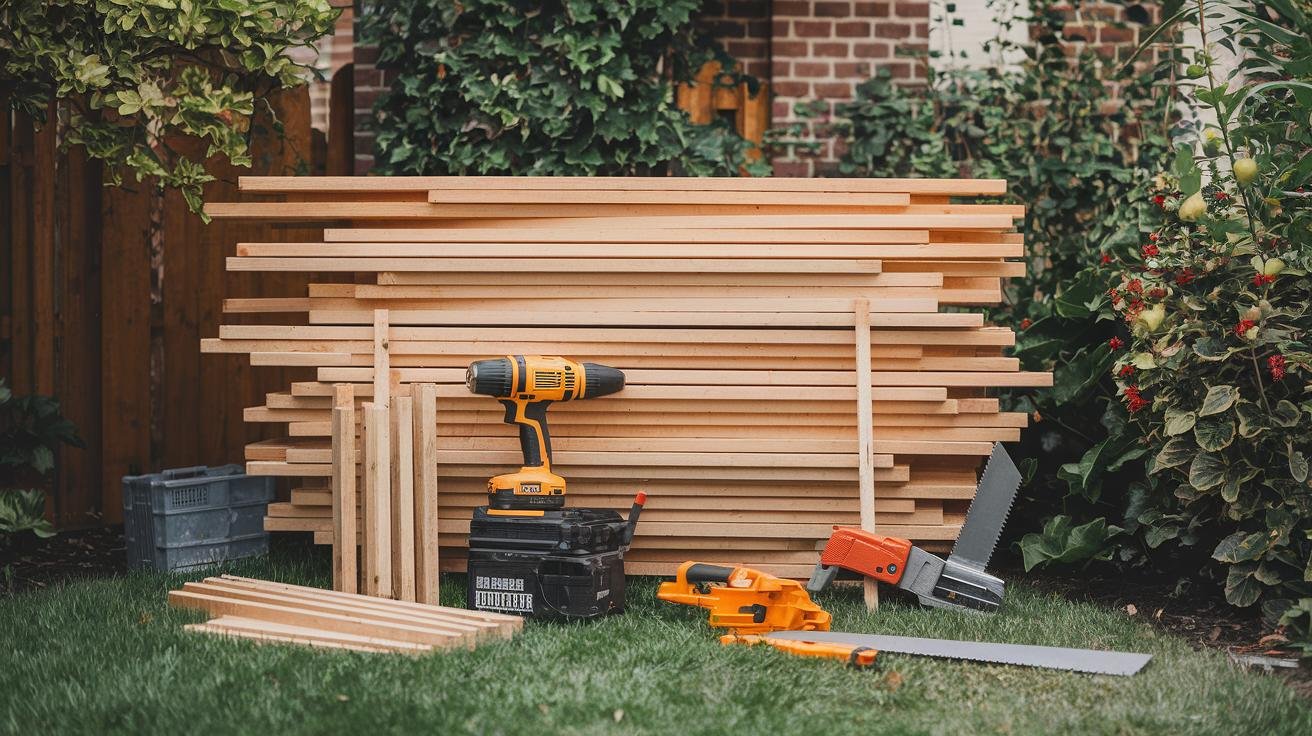 Lumber boards, bolts, eye hooks, and tools laid out for building a DIY backyard hammock stand