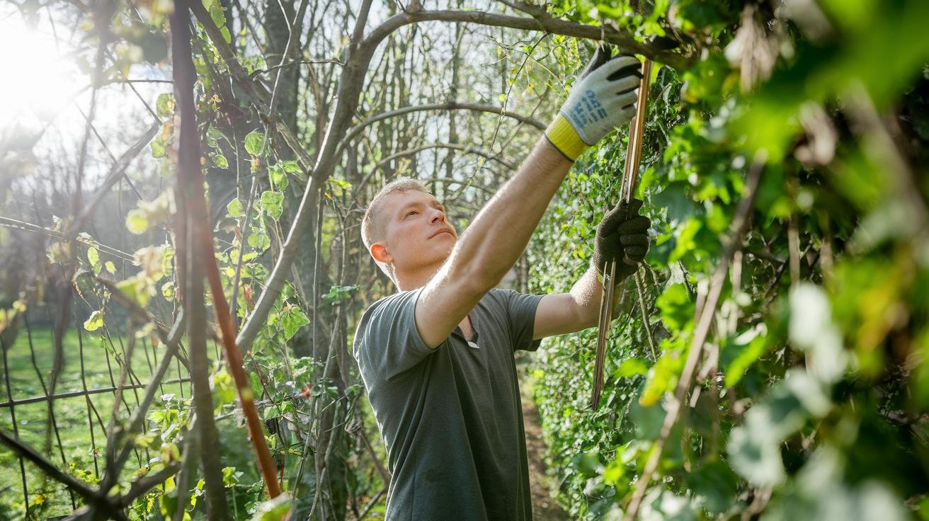 Gardener pruning climbing vines on a wooden trellis in spring with pruning shears and fresh mulch around the base