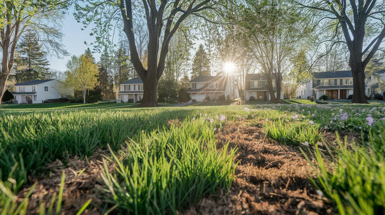 Lawn dethatcher resting on freshly cleared green grass