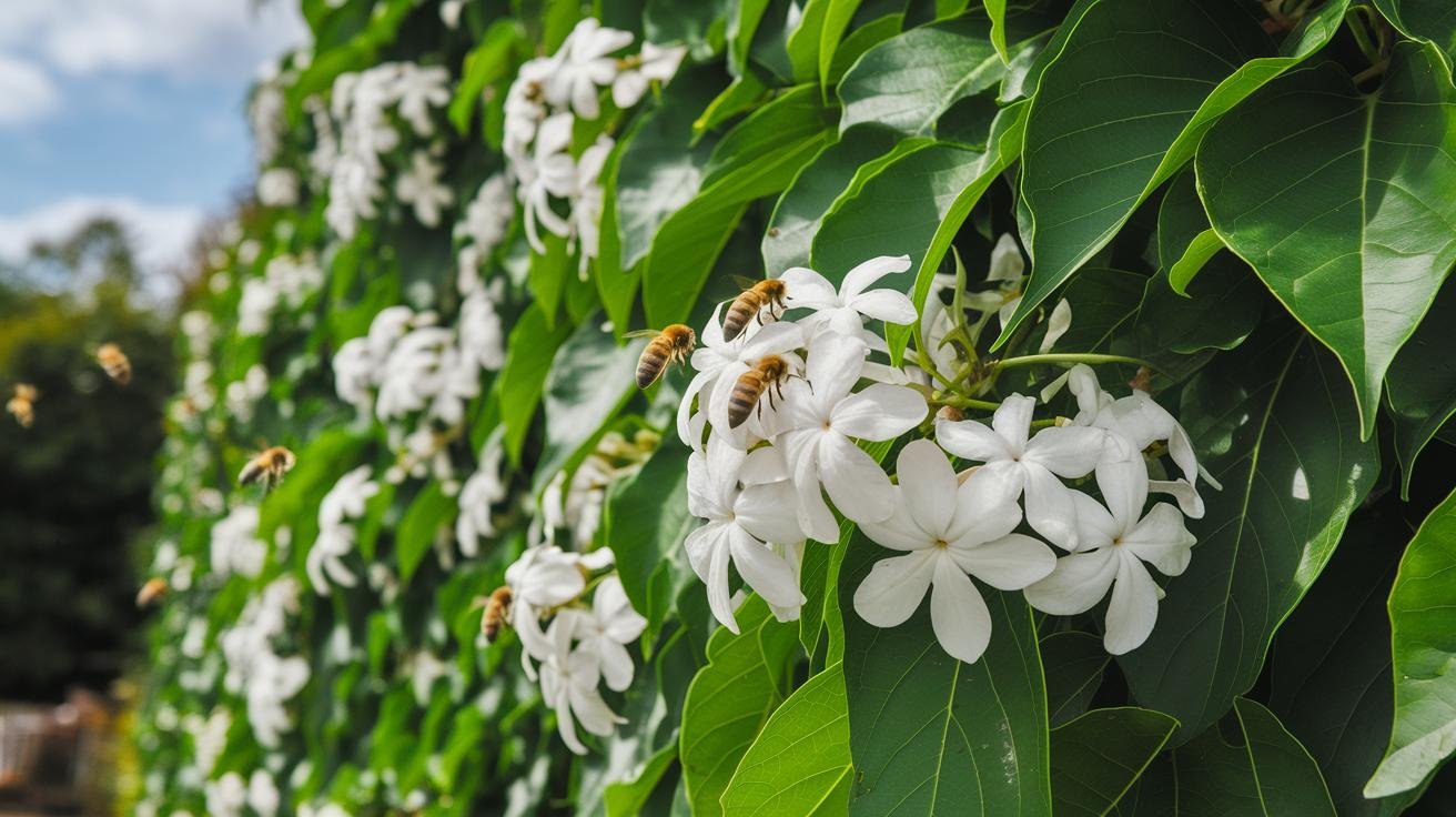 Honeysuckle and bougainvillea vines on a vertical garden wall attracting bees and hummingbirds