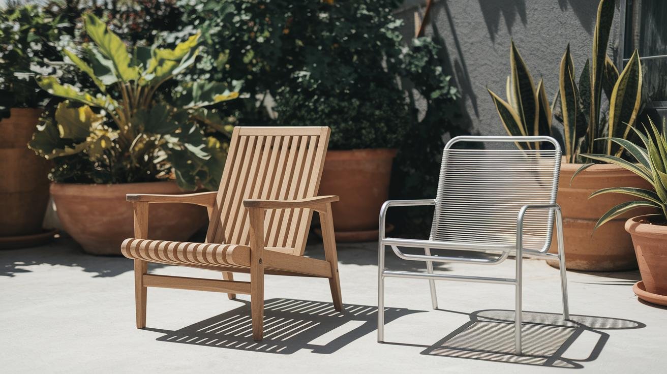 Backyard with four lounge chairs in different materials labeled with material types and ideal climates