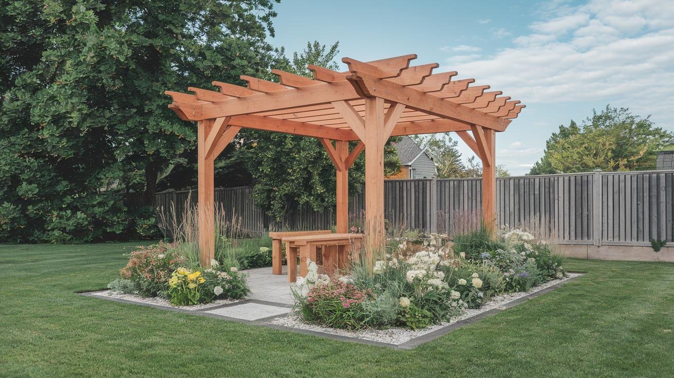 DIY backyard pergola frame built from pressure-treated 4x4 posts and 2x6 beams