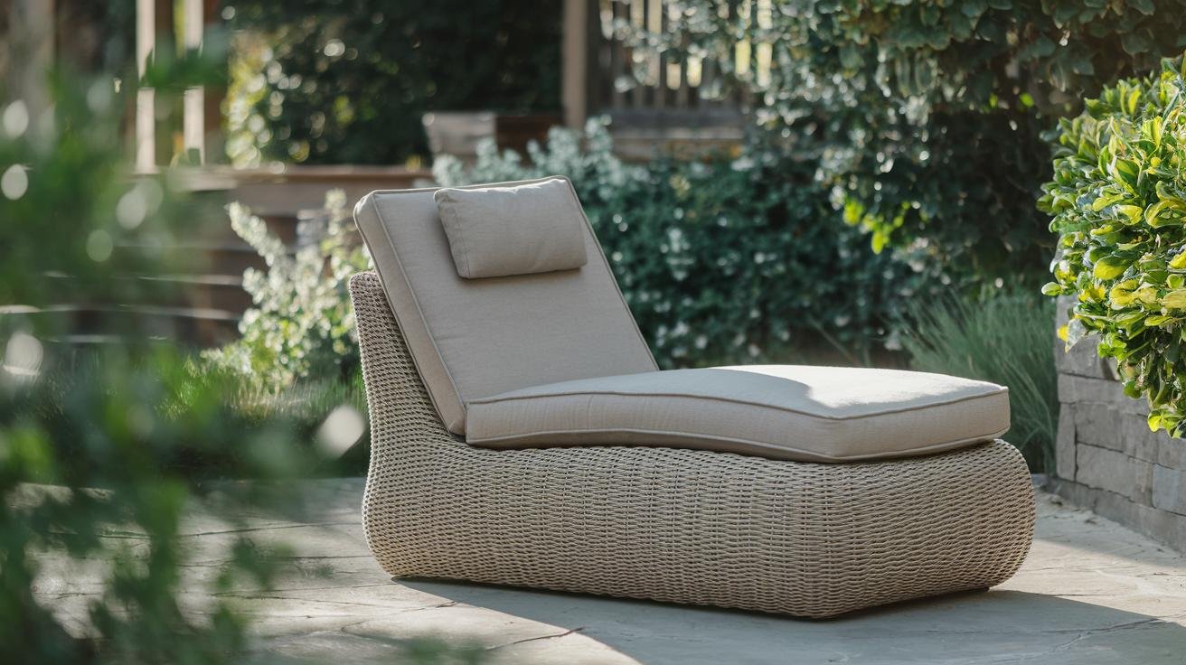 HDPE wicker lounge chair in dark grey synthetic weave with cushion on a covered patio