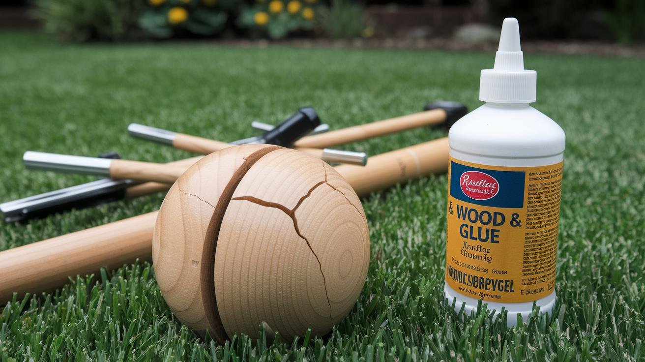 Hands inspecting a wooden croquet mallet for cracks and testing a metal hoop for bends on a workbench