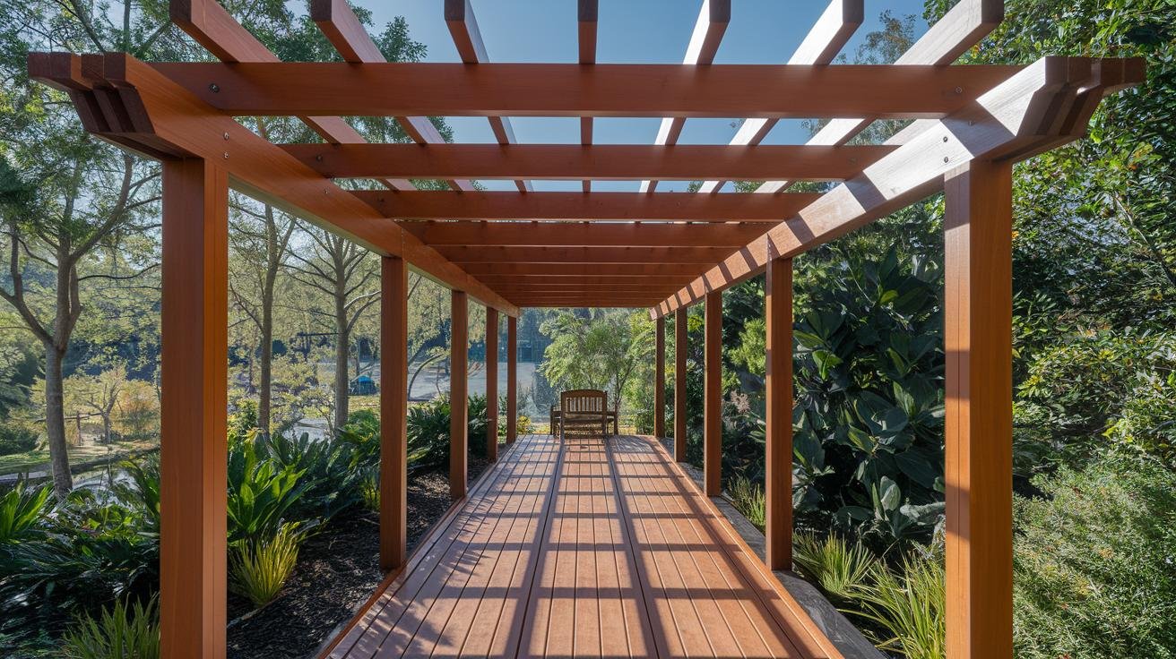 Hand brushing weatherproof sealant on a wooden pergola beam