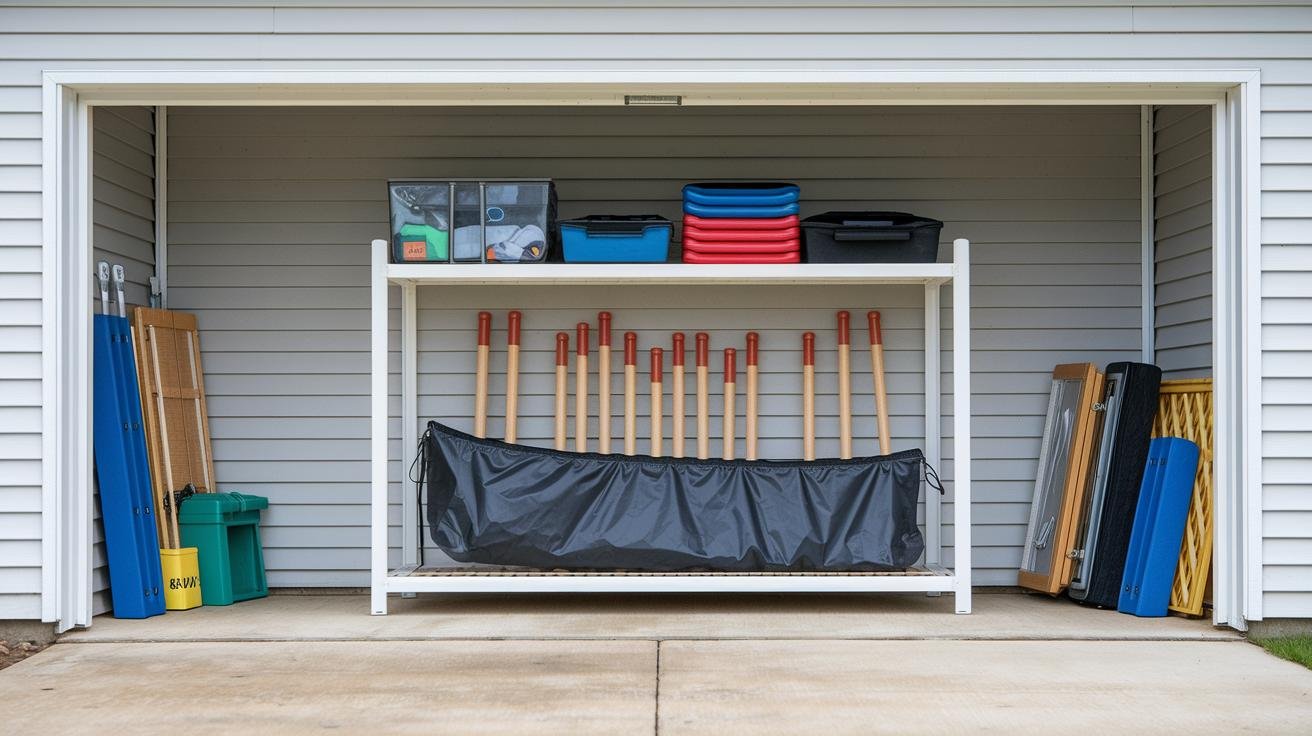 Croquet set components stored in labeled bins on a garage shelf with silica gel moisture packets