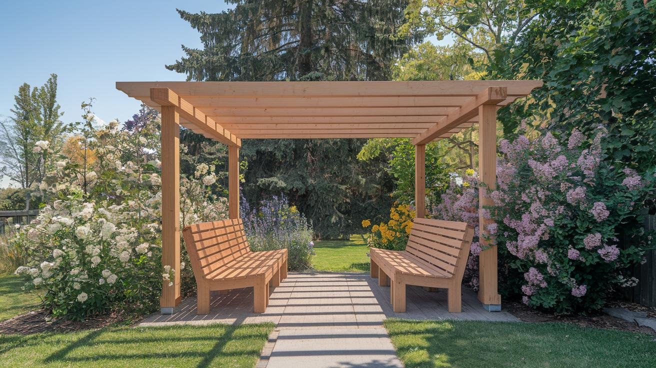 Compact 8 by 8 foot pergola in a small backyard with open-lattice roof