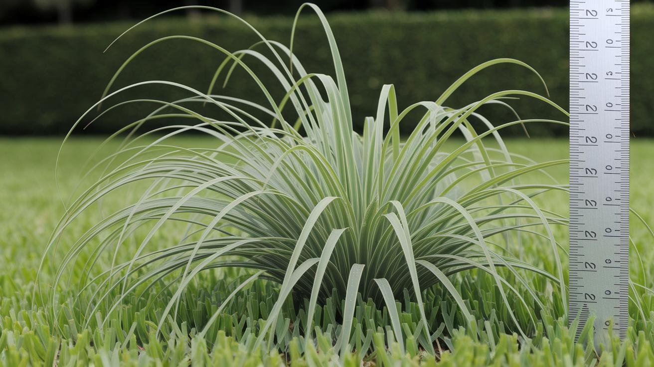 Close-up of a crabgrass clump with flat, light-green blades fanning out from the center