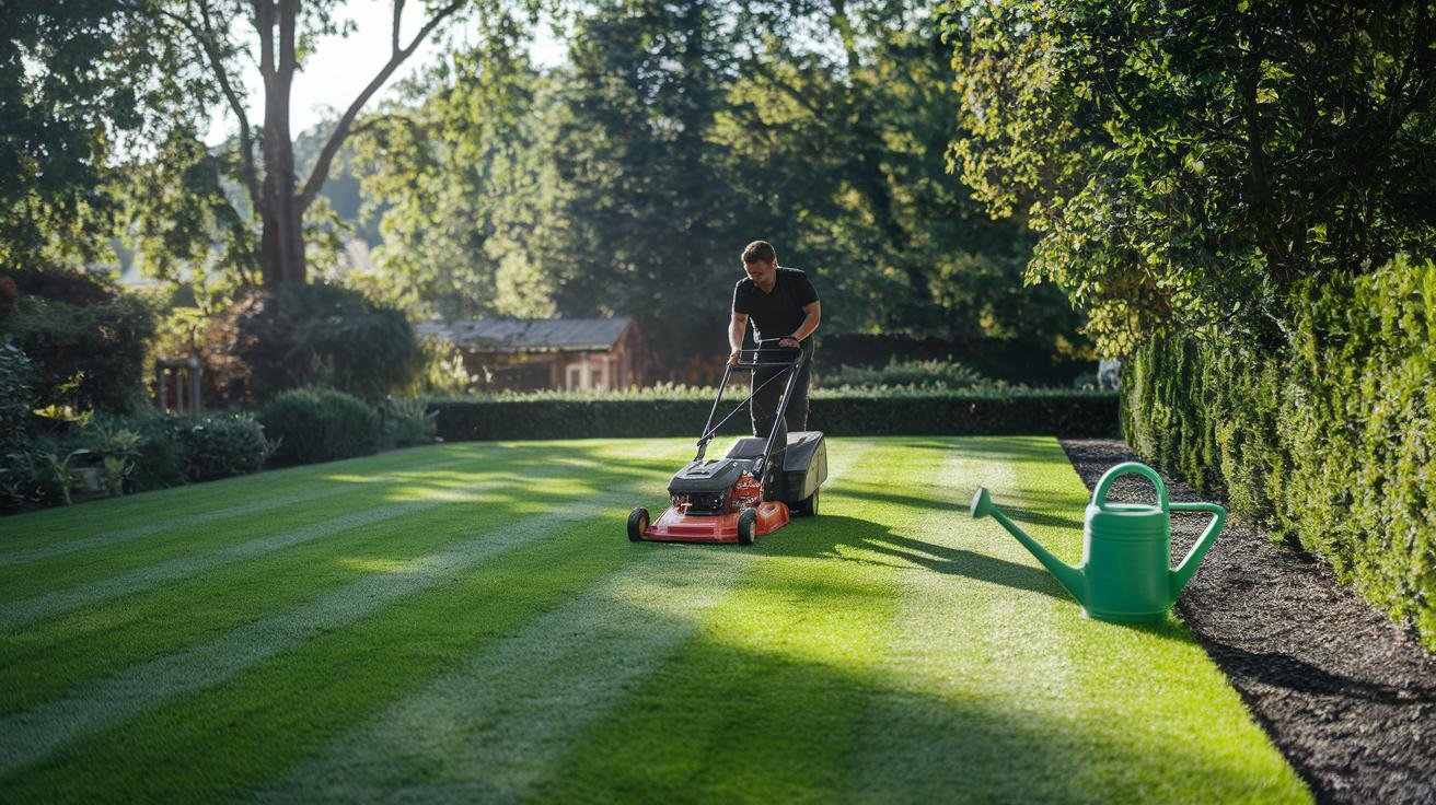 Lawn mower blade set to three inches cutting through tall green grass