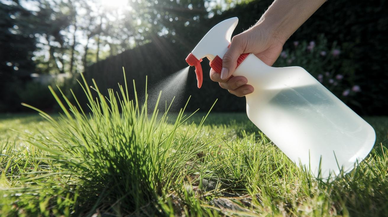 Garden sprayer applying post-emergent herbicide to a crabgrass patch in a lawn