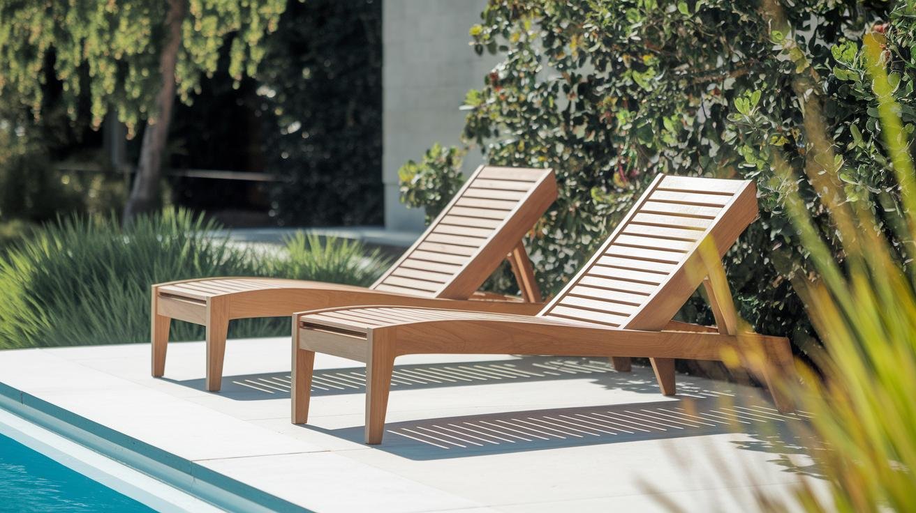 Teak hardwood lounge chair with silver-grey weathered patina on a backyard patio