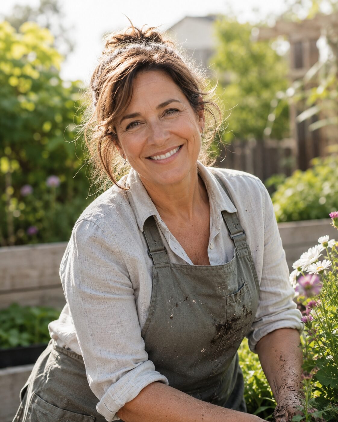 Leslie Graham, Backyard Superstar author, in a garden apron among flowers
