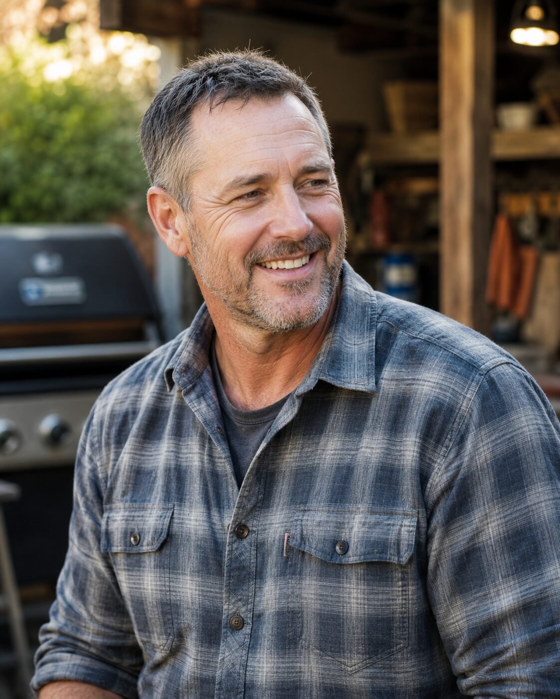 Mitch Foster, Backyard Superstar author, in a flannel shirt beside a grill